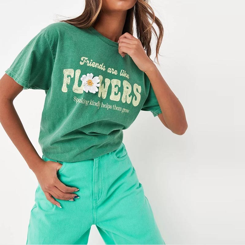 green washed crochet flower oversized t shirt
