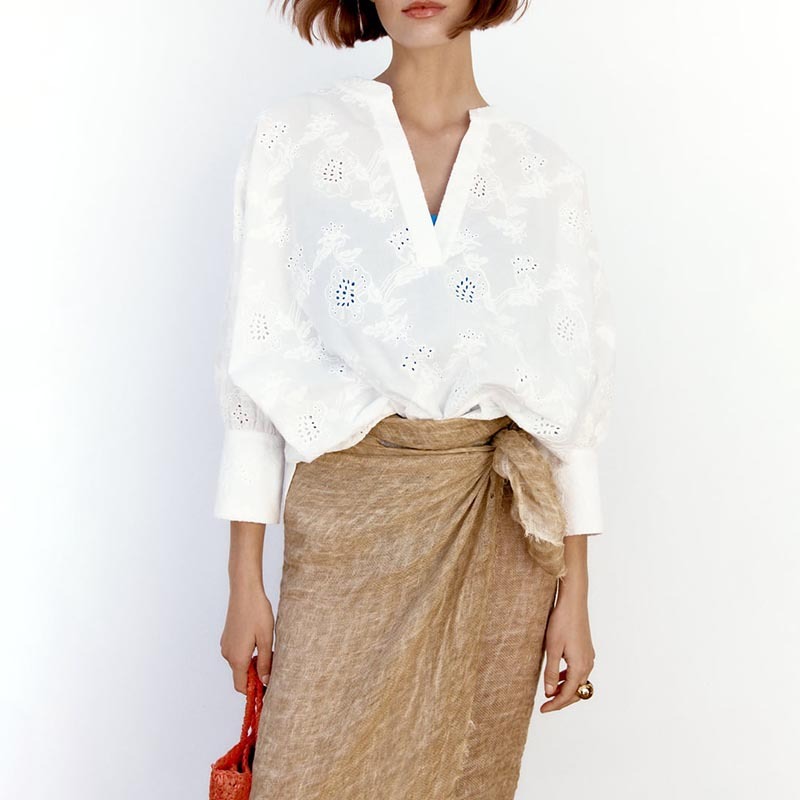 Cutout Embroidered Loose Shirt
