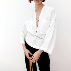 Button-embellished linen top