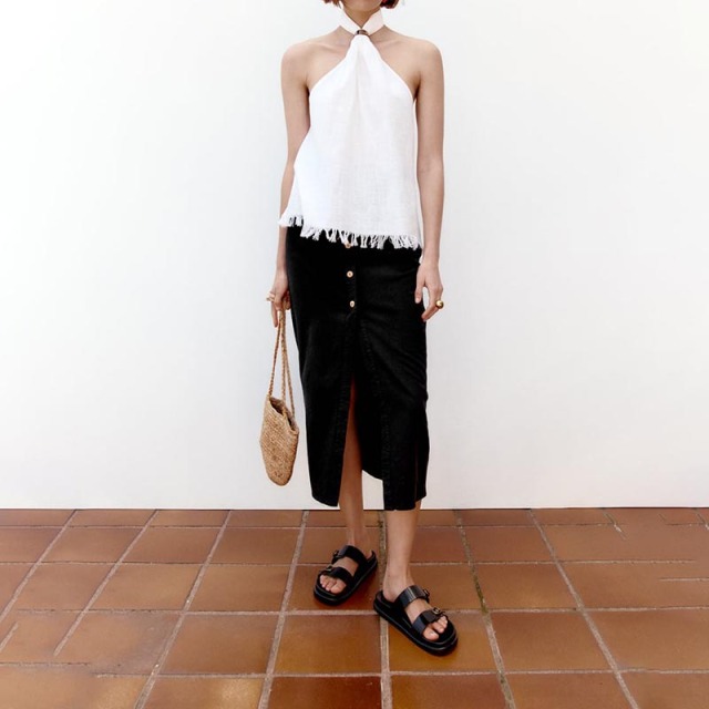 Linen-blend straight skirt