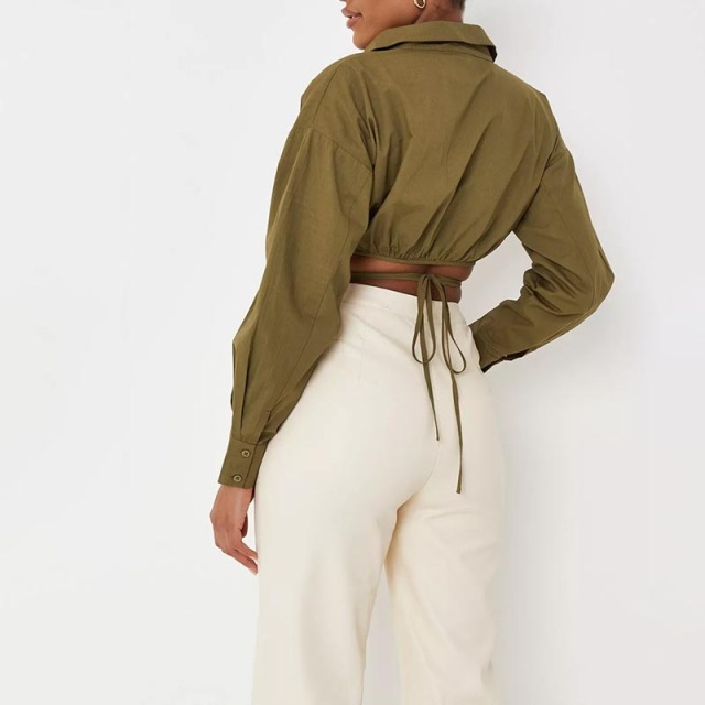 khaki poplin wrap tie cropped shirt