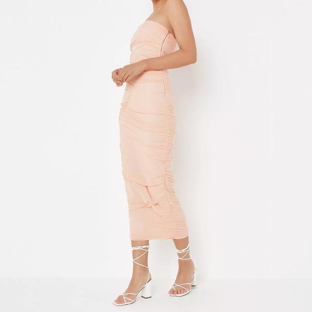 peach ruched mesh seam detail midaxi dress