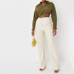 khaki poplin wrap tie cropped shirt