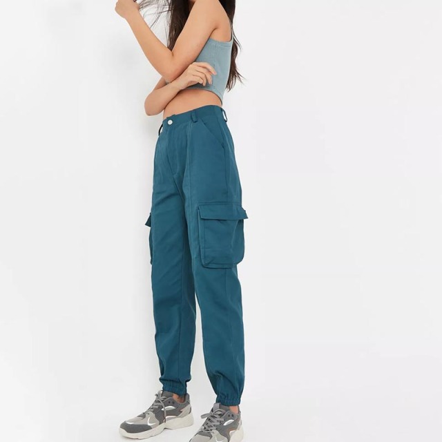 teal seam detail cuffed cargo trousers