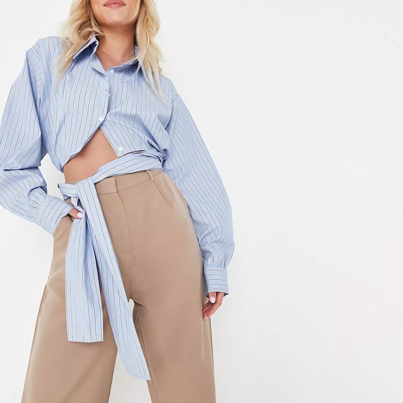 petite blue stripe cross front cropped shirt