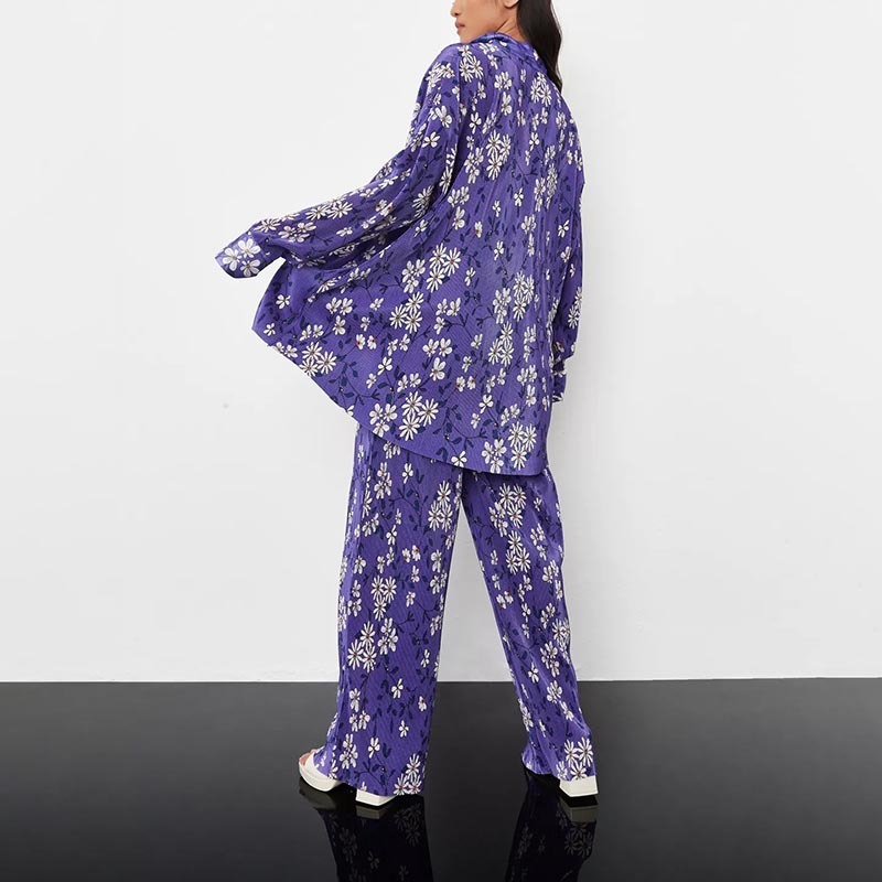 purple co ord floral print plisse shirt