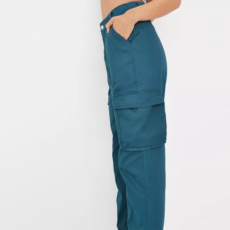 teal seam detail cuffed cargo trousers