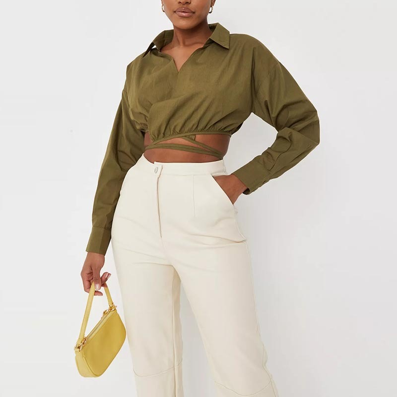 khaki poplin wrap tie cropped shirt