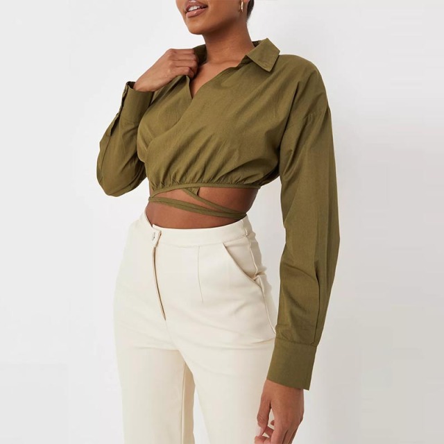 khaki poplin wrap tie cropped shirt