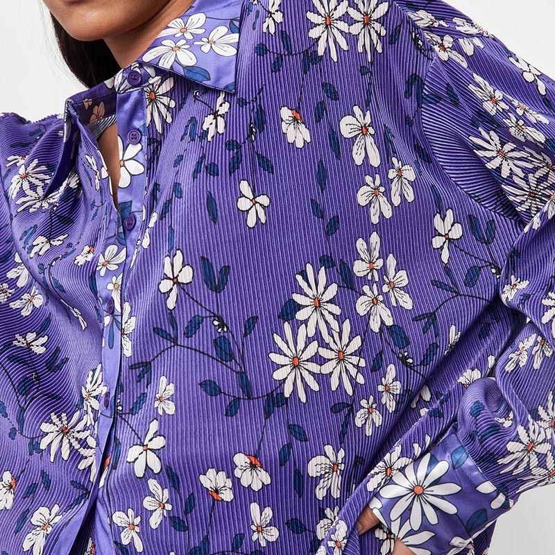 purple co ord floral print plisse shirt