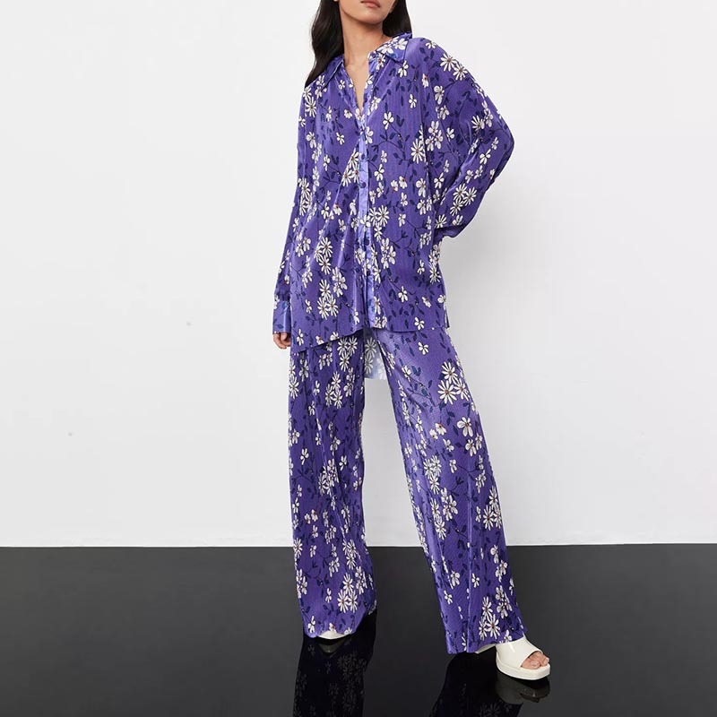 purple co ord floral print plisse shirt