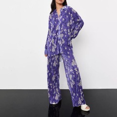 purple co ord floral print plisse shirt