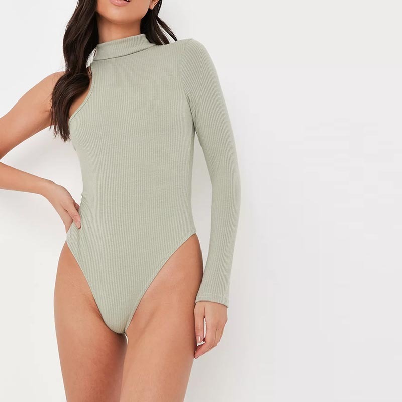 olive rib high neck cut out shoulder bodysuit