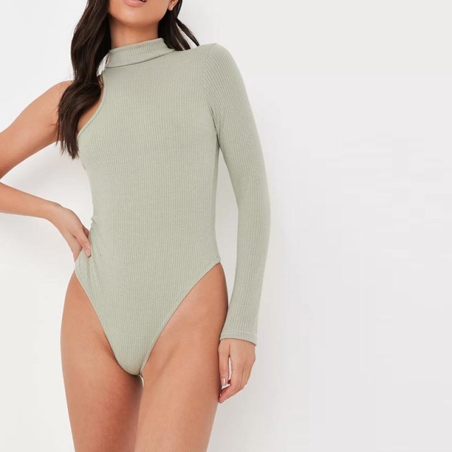 olive rib high neck cut out shoulder bodysuit