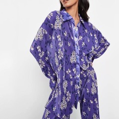 purple co ord floral print plisse shirt