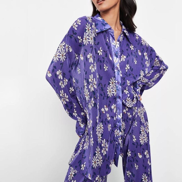 purple co ord floral print plisse shirt