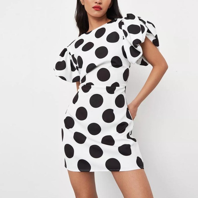 white polka dot puff sleeve mini dress