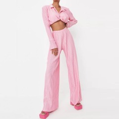 pink co ord plisse knot front cropped shirt