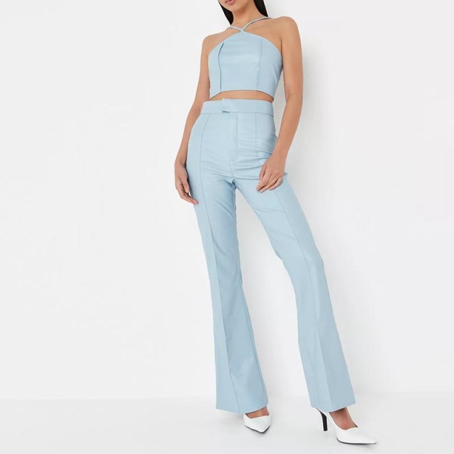 powder blue co ord faux leather cami crop top