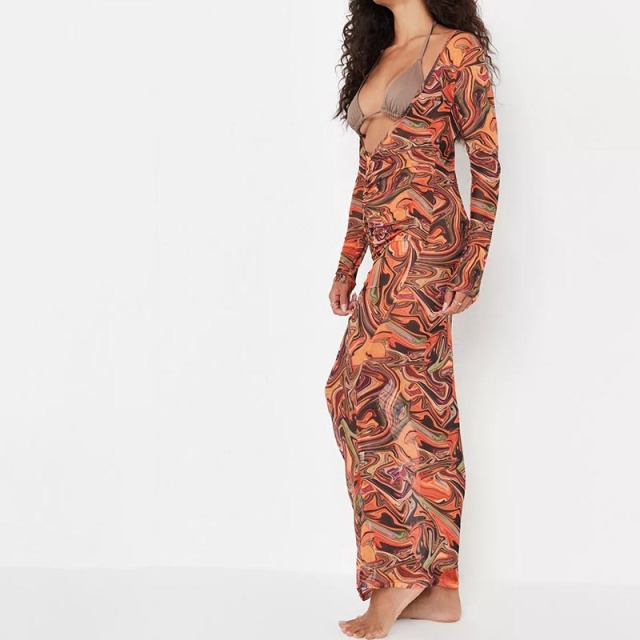 rust marble print mesh v front ruched beach cover up maxi