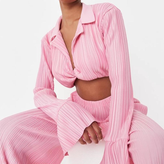 pink co ord plisse knot front cropped shirt