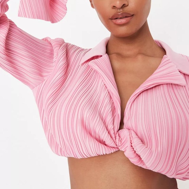 pink co ord plisse knot front cropped shirt