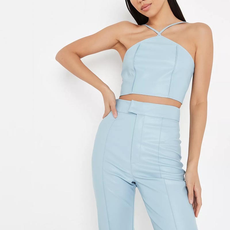 powder blue co ord faux leather cami crop top