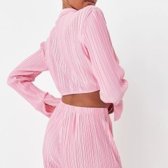 pink co ord plisse knot front cropped shirt