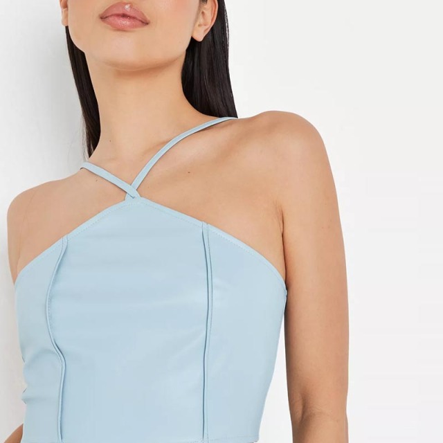 powder blue co ord faux leather cami crop top