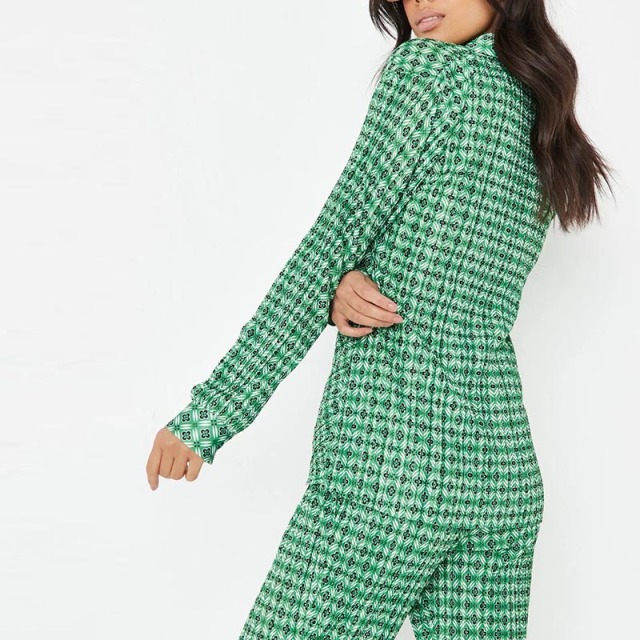 Green Co ord Geometric Print Ruffled Pleated Front Shirt
