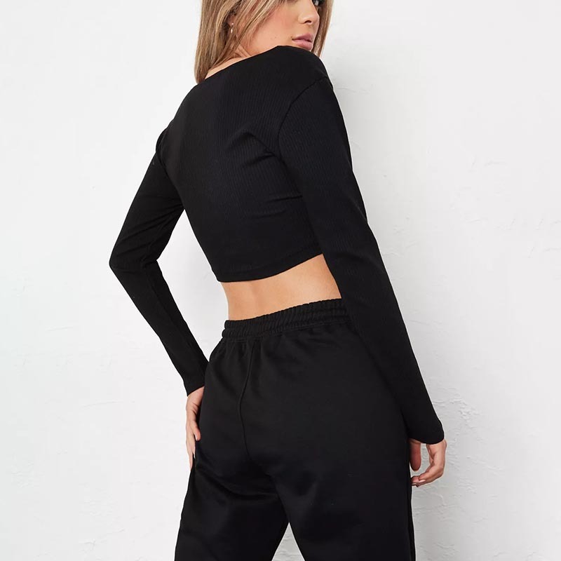 black ribbed v front popper cropped top