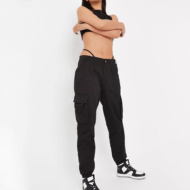 Black Low Rise Seam Detail Cuffed Cargo Pants