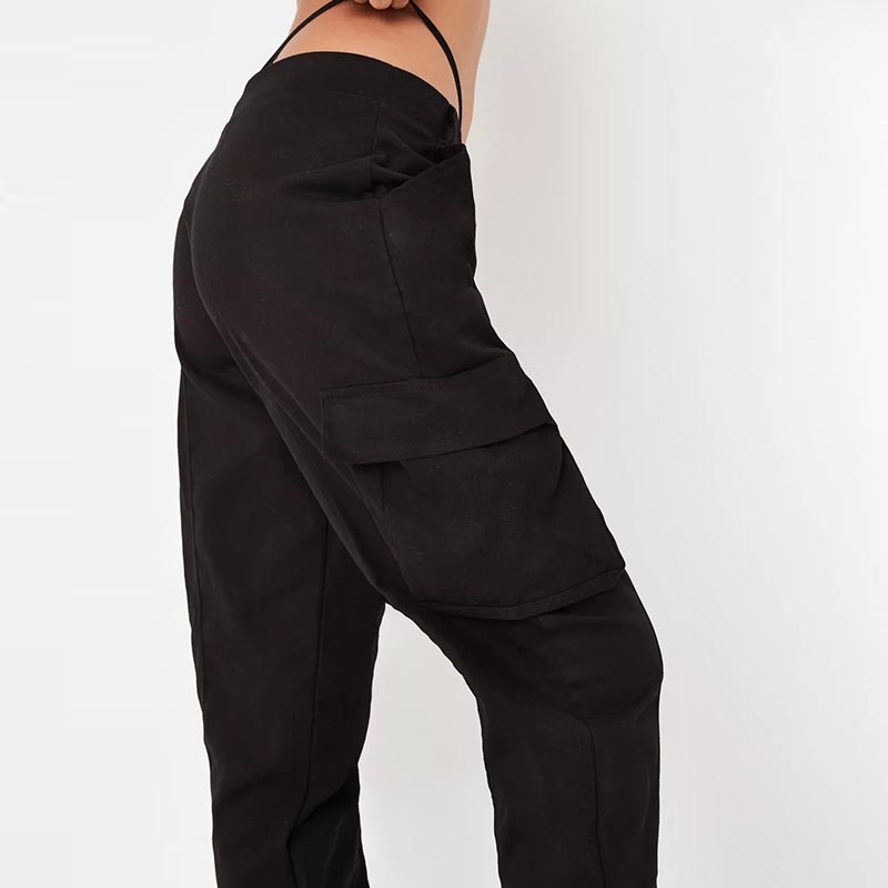Black Low Rise Seam Detail Cuffed Cargo Pants