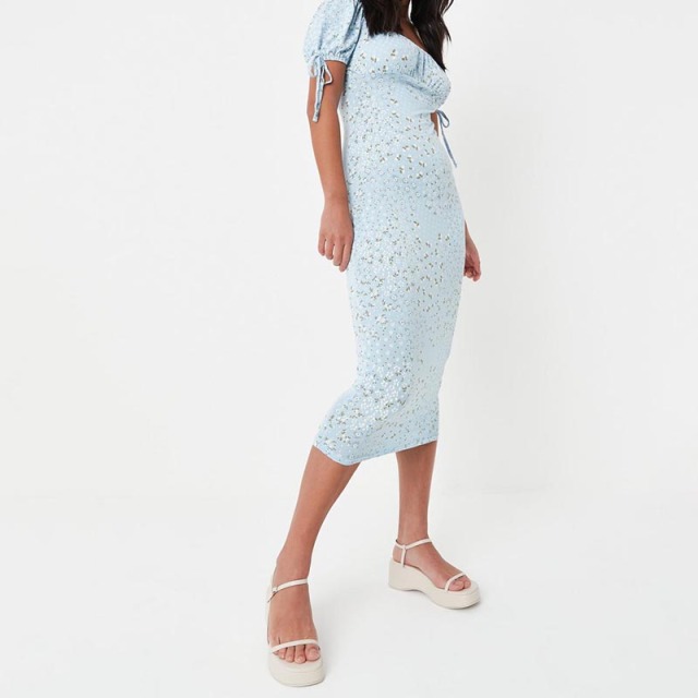 blue floral print ruched bust milkmaid midaxi dress