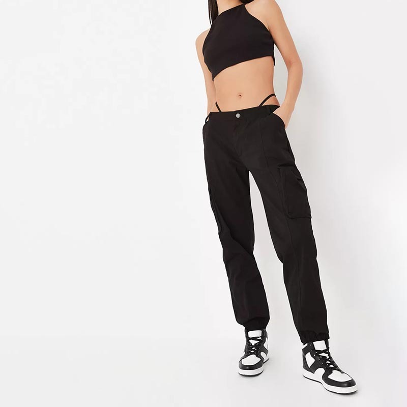 Black Low Rise Seam Detail Cuffed Cargo Pants