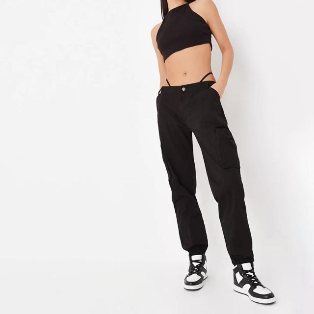 Black Low Rise Seam Detail Cuffed Cargo Pants