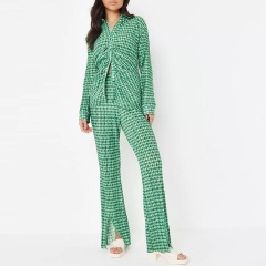 Green Co ord Geometric Print Ruffled Pleated Front Shirt