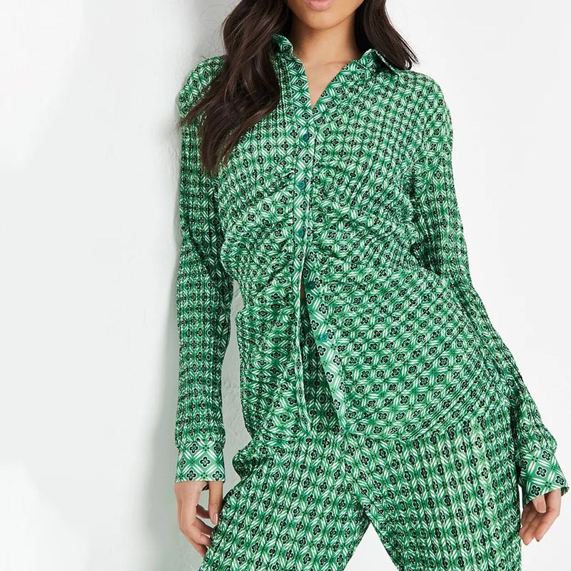 Green Co ord Geometric Print Ruffled Pleated Front Shirt