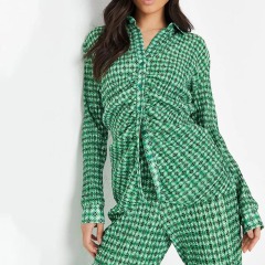 Green Co ord Geometric Print Ruffled Pleated Front Shirt