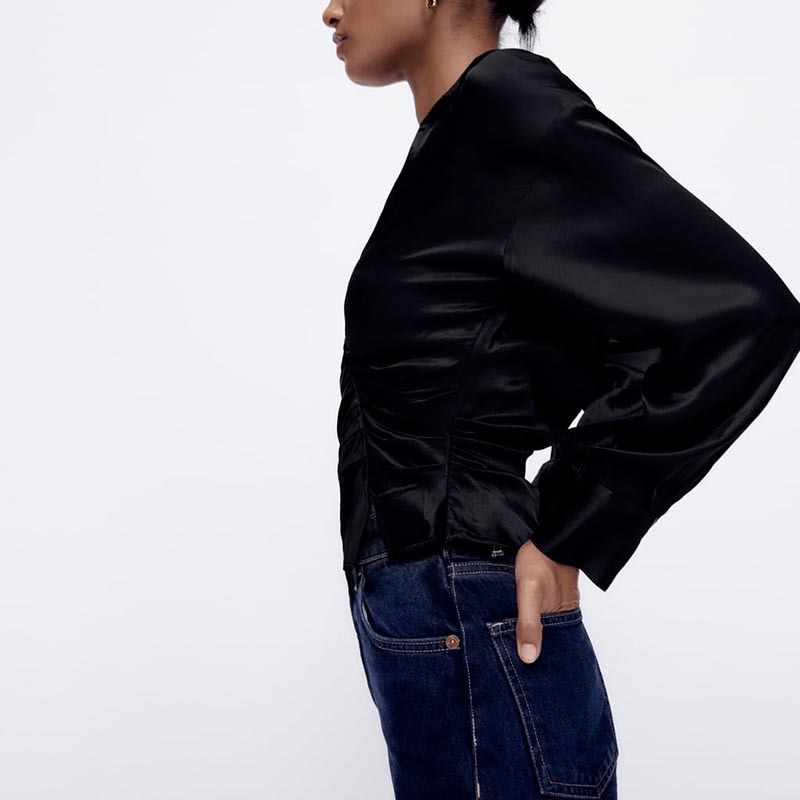 smocked satin shirt