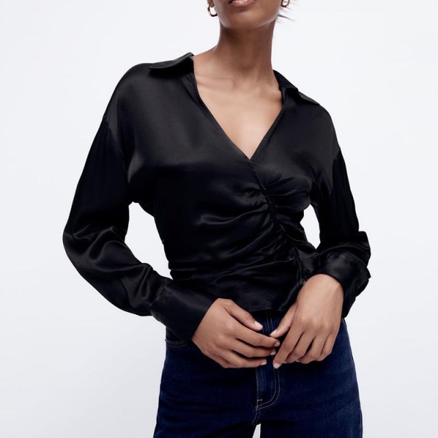 smocked satin shirt