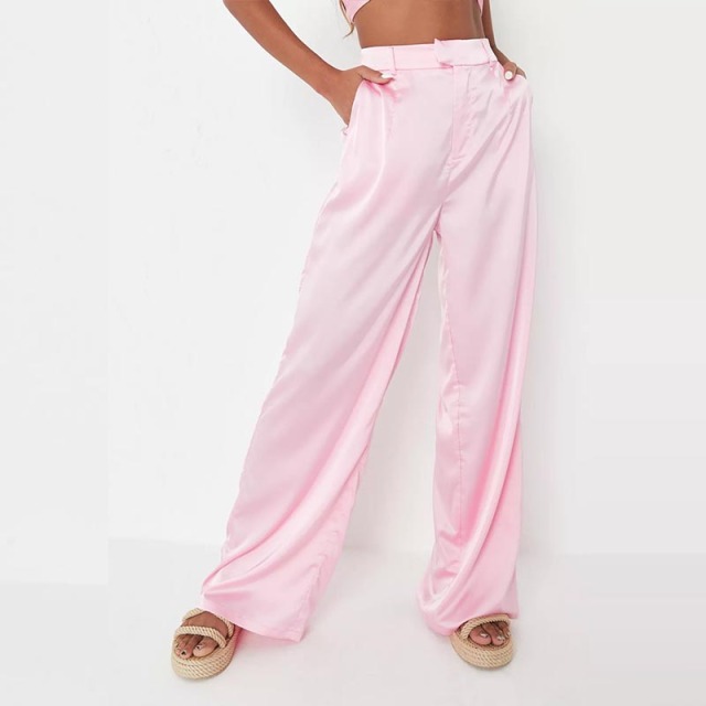 pink satin wide leg trousers