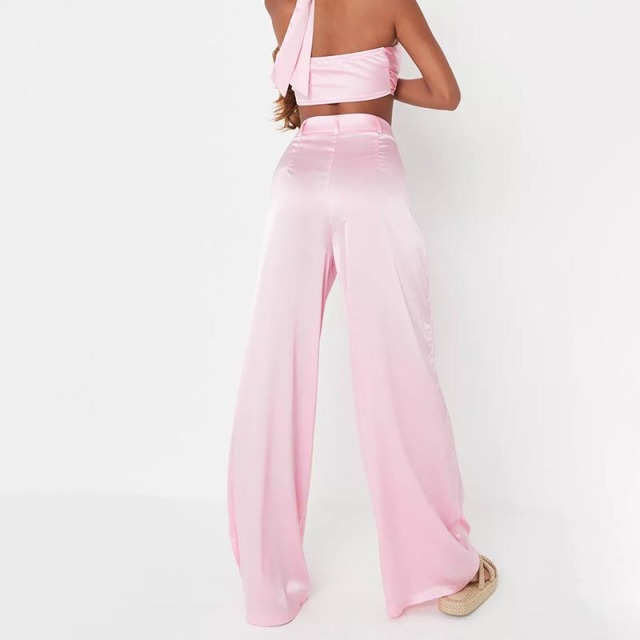pink satin wide leg trousers