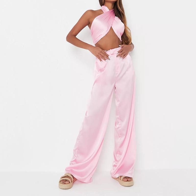 pink satin wide leg trousers