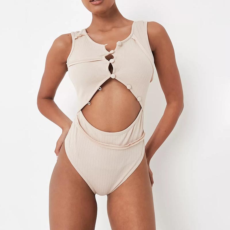 sand rib button seam cut out thong bodysuit