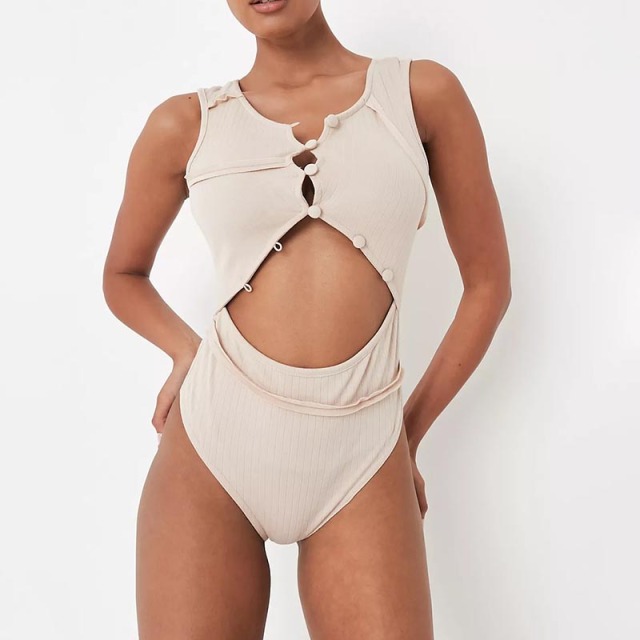 sand rib button seam cut out thong bodysuit