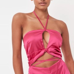 hot pink satin halterneck cut out jumpsuit
