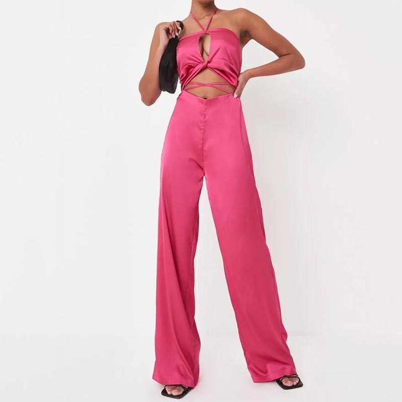 hot pink satin halterneck cut out jumpsuit
