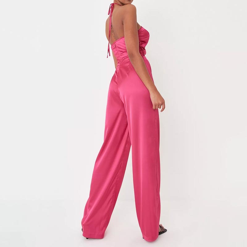 hot pink satin halterneck cut out jumpsuit