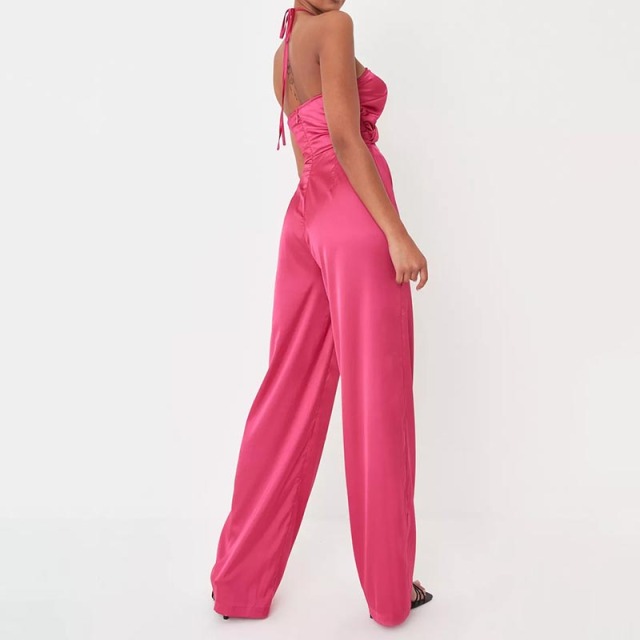 hot pink satin halterneck cut out jumpsuit
